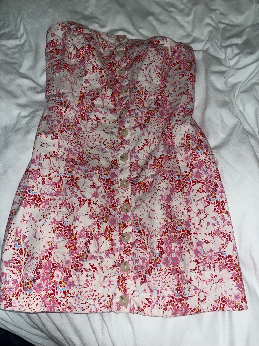Striped Floral Button-Front Strapless Mini Dress - Pink Floral free people
